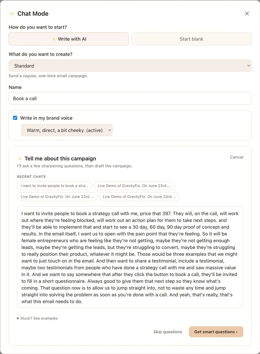 The Chat Mode panel in GravityFlo, with the campaign brief typed into it in plain conversational language.
