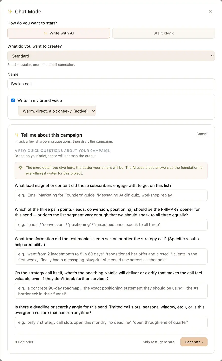 The same Chat Mode panel a step later, asking a handful of sharpening questions about the campaign before it writes.