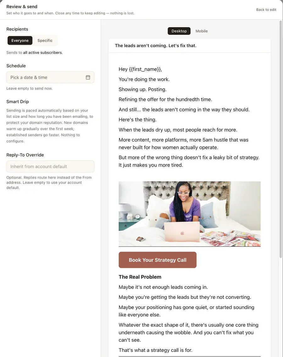 The Review and send screen in GravityFlo: who the email goes to, when it should go, and the pacing GravityFlo applies, with a live preview of the email alongside.