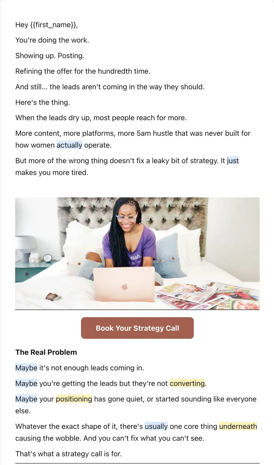 A finished email in the GravityFlo editor, opening on the reader's problem, with a photo, a Book Your Strategy Call button, and Flo Score highlighting words worth a second look.